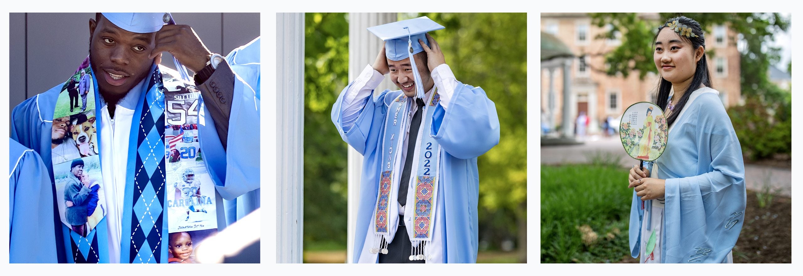 Three-photo collage of students at past Commencement ceremonies and University events in personalized stoles and gowns.