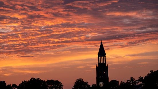 Morehead-Patterson Bell Tower on the campus of U.N.C. Chapel Hill during sunset on a summer evening.