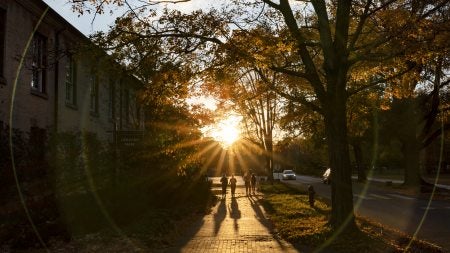 Sunset photo with people seen in the distance walking down the brick pathway sidewalk of Cameron Avenue on the campus of UNC-Chapel Hill.