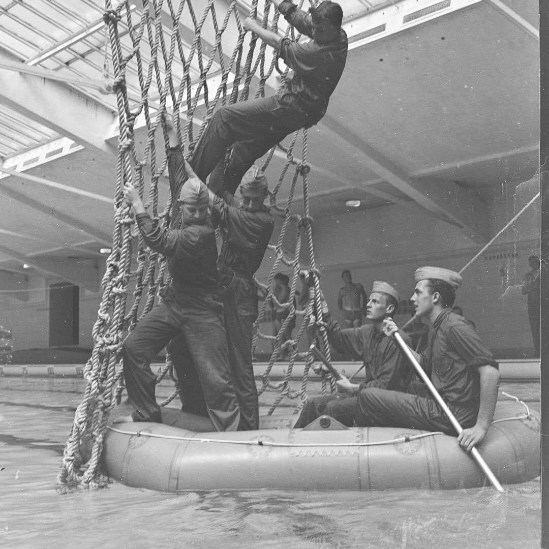 Students participating in physical training at Bowman-Grey pool during the 1940s.