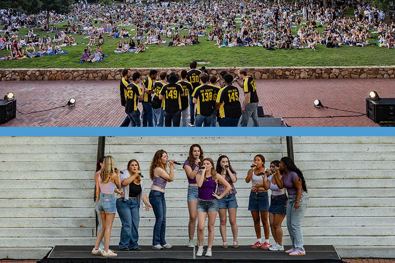 Two-photo collage of UNC-Chapel Hill student a cappella groups performing at Sunset Serenade: Top photo is of the Achordants performing with the Sunset Serenade crowd seen seated on Polk Place's Lawn in the background; and the bottom picture is of Cadence performing on stage with the steps of Wilson Library seen in the background.
