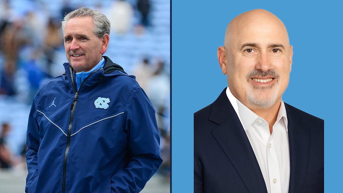 Two-photo collage: Picture of Bubba Cunningham on field at Carolina football game; and portrait of Steve Newmark placed atop a Carolina Blue background.