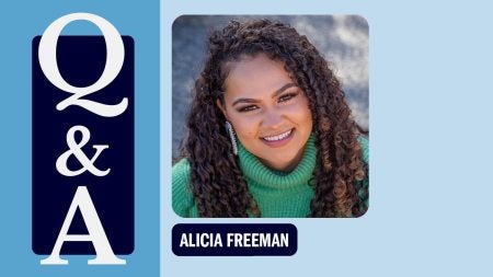 Q&A graphic with a portrait of a woman, Alicia Freeman.