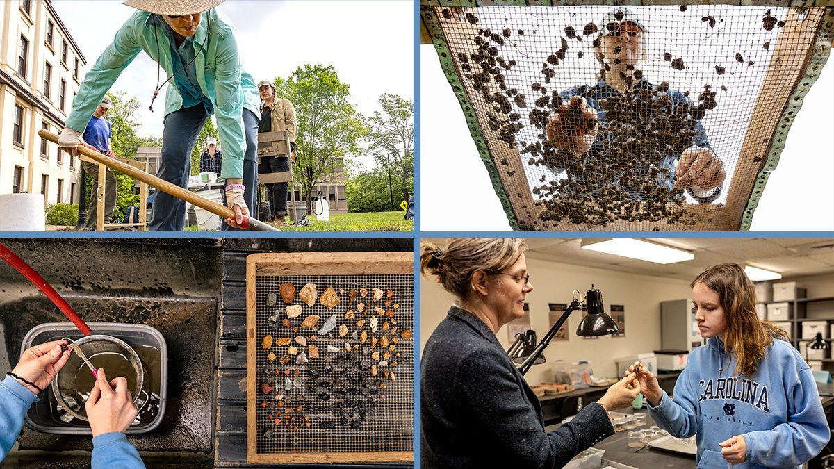 Four-photo collage: Person using a shovel to dig into grass outside a building on the campus of UNC-Chapel Hill; Woman sifting through some of the excavated material; Overhead image of dig finds laid out on a table and a hand washing and drying over discovered materials; and a professor and student talking about and holding some of the excavated artifacts in a lab.