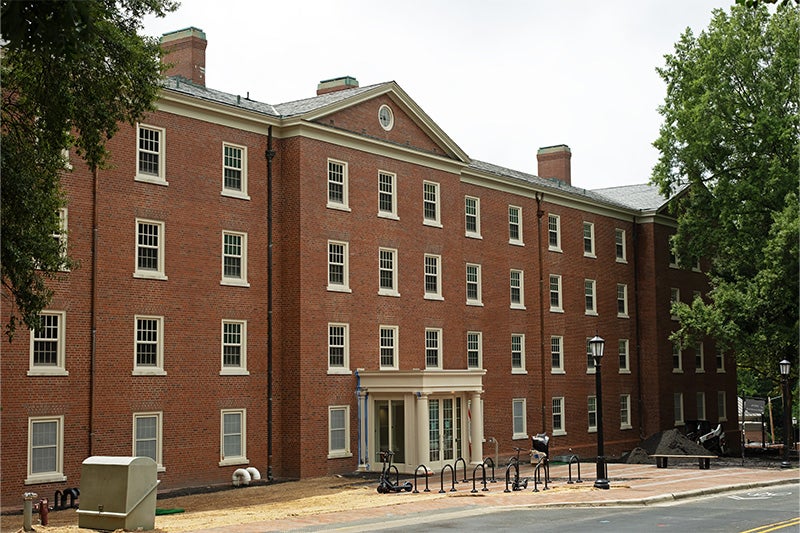 Exterior of newly renovated Avery Residence Hall on the campus of UNC-Chapel Hill.