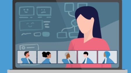 An illustrated image of a speaker on a zoom/internet call,