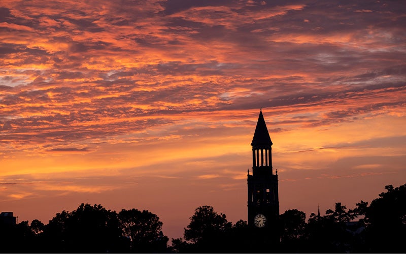 Morehead-Patterson Bell Tower on the campus of UNC-Chapel Hill at sunset