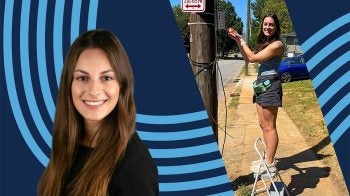 Graphic with photos of Katherine Burley Farr, including one of her on a small ladder hanging an item to a utility pole in Raleigh as part of her heat research.