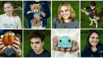An eight-photo collage: A female student smiling for a portrait and wearing a white sweatshirt that reads 