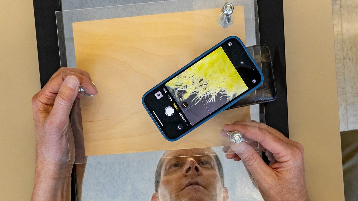 Bob Goldstein using one of his DIY microscopes to look at a Post-it note through an iPhone camera. His face is seen through the reflection of a mirror.