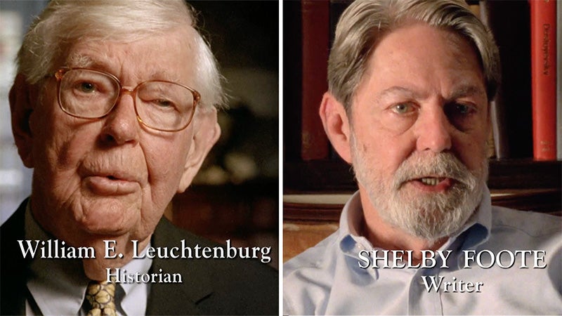 Two-photo collage with screenshots of William Leuchtenburg and Shelby Foote being interviewed for documentaries.