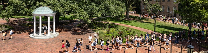 Line of UNC-Chapel Hill students going down Cameron Avenue and back into McCorkle Place waiting for their turn to take a first sip from the Old Well.
