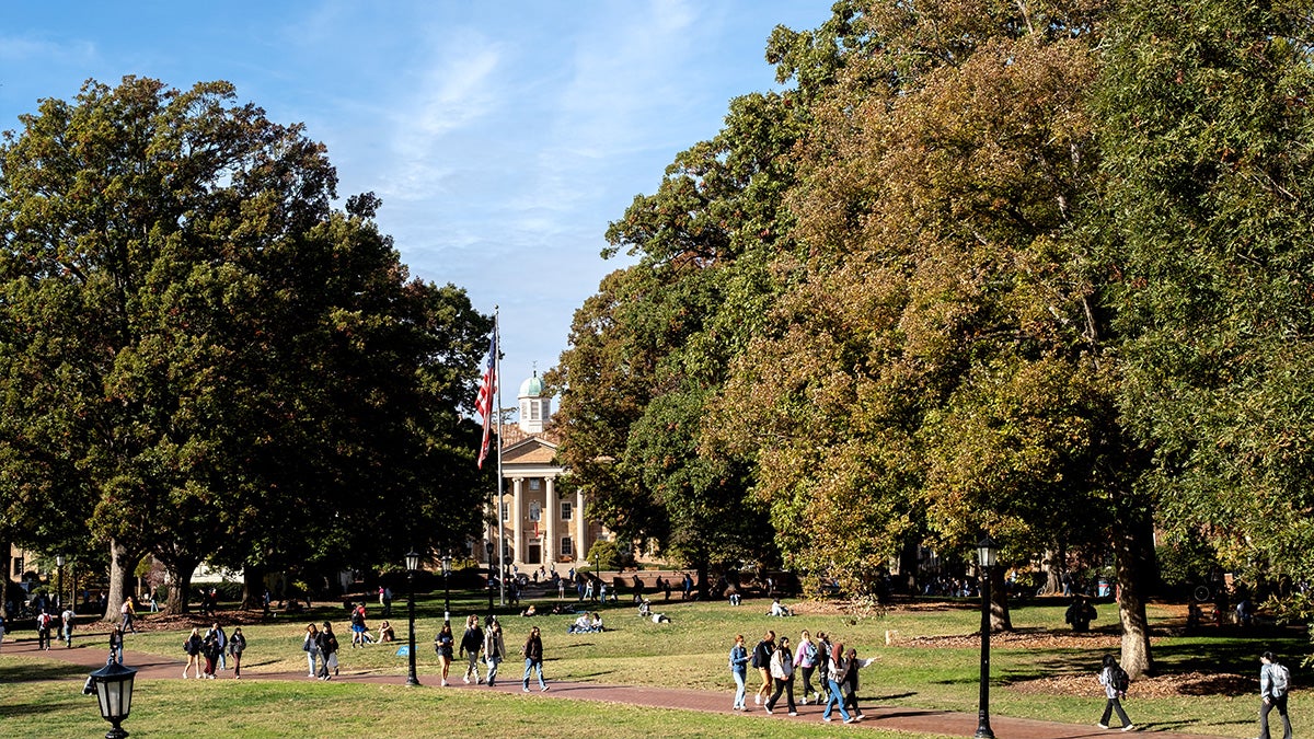 A photo taken from Polk Place on U.N.C. campus of South Building.