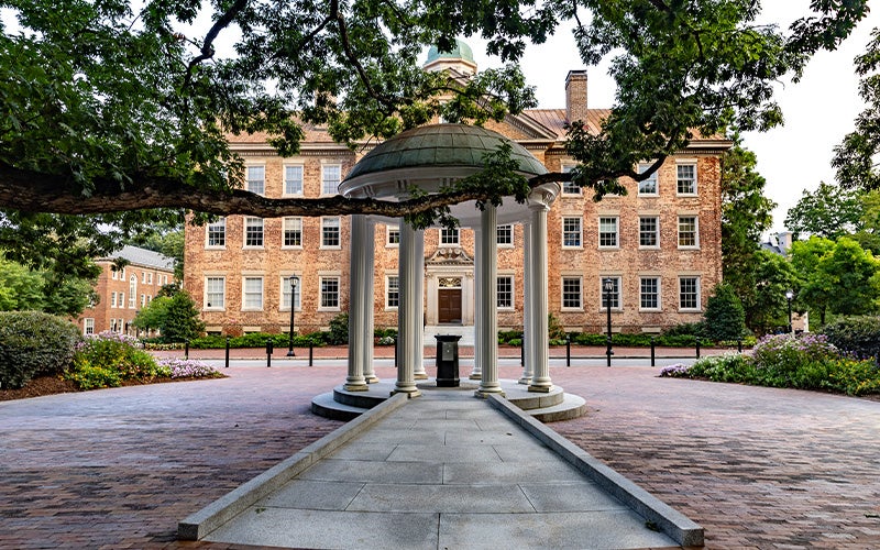 Old Well on the campus of UNC-Chapel Hill in the morning with South Building pictured in the background across Cameron Avenue.