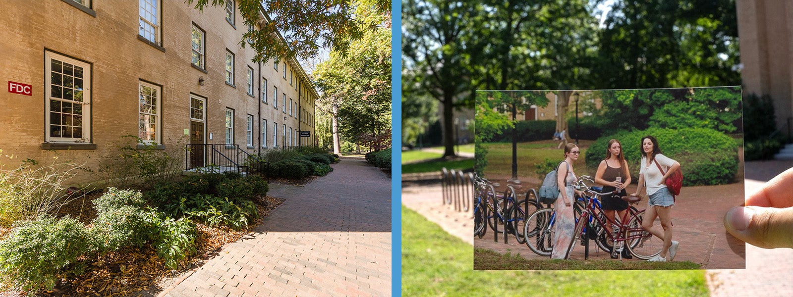 Two-photo collage: exterior of Old West residence hall on the campus of UNC-Chapel Hill; and hand holding a photo of three characters from 