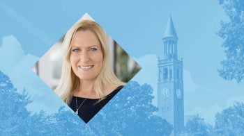 Graphic with a photo of Cristy Page and the Bell Tower with a blue tint.