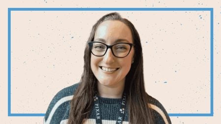 Close-up portrait of Caroline Collins placed atop a beige and Carolina Blue background.