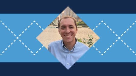 Argyle patterned graphic with Carolina Blue and Navy blue colors with a picture of Andy Boyle in the middle.