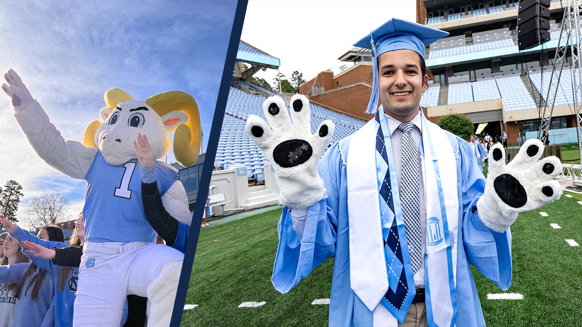 A collage of photos featuring Alex Henson, on the right, he is wearing his graduation robes and showing off his Rameses gloves and on the left, is Alex in his full Rameses mascot outfit at a U.N.C. game.