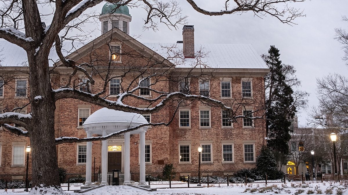 Old Well and South Building on a snowy morning.