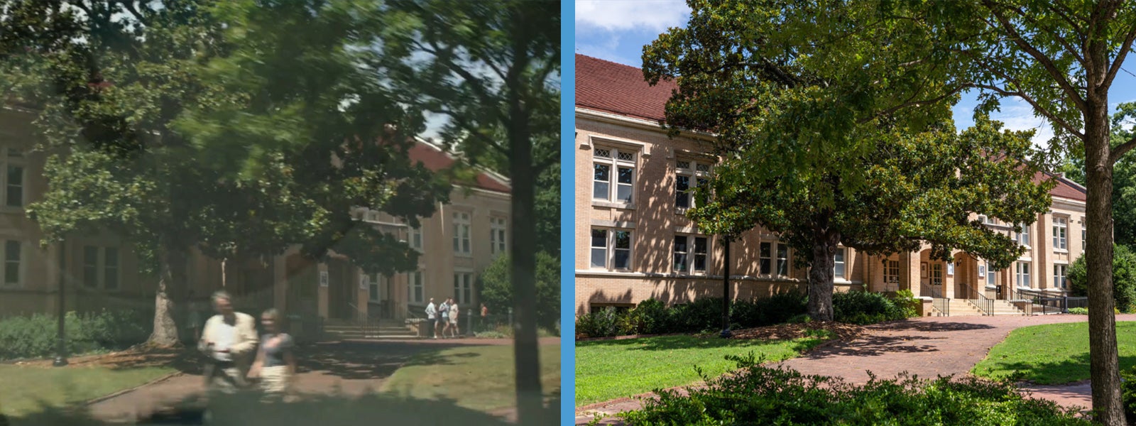 Side by side image: A view of Swain Hall on the UNC Chapel Hill campus from inside a car window, as Belly and her family drive by in 