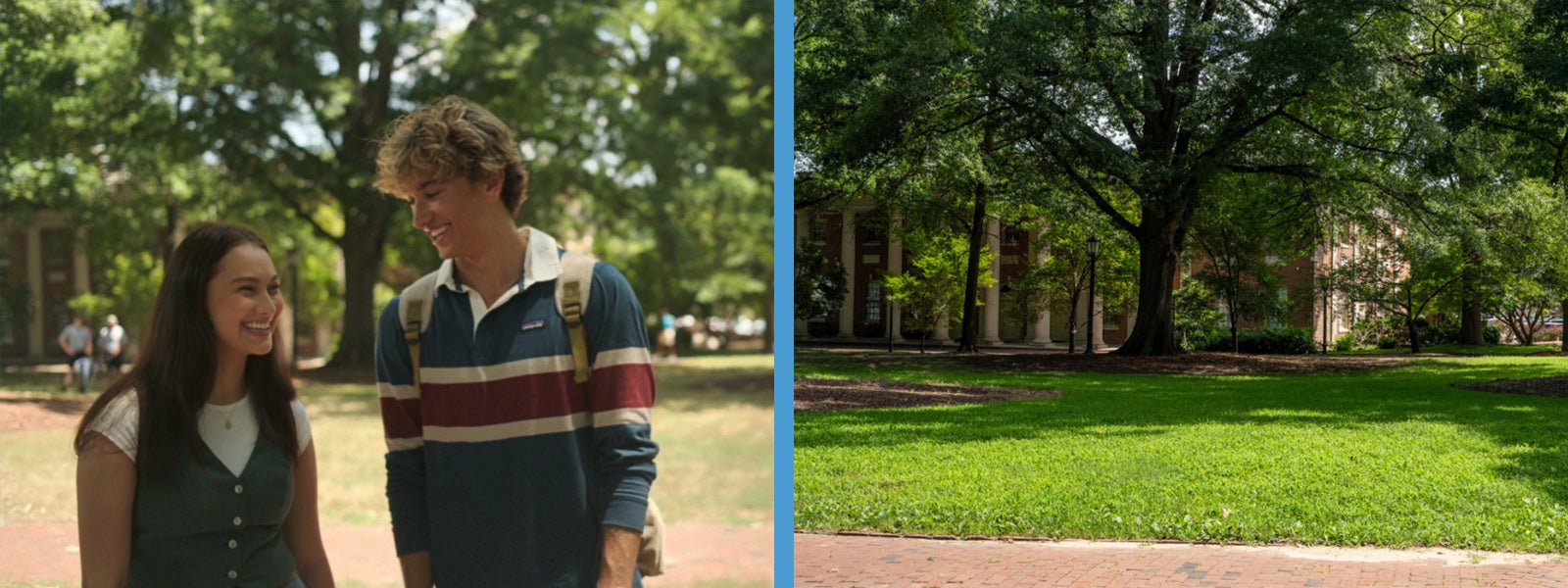 Side by side image: Lola Tung (Belly) and Gavin Casalegno (Jeremiah) smiling at each other on McCorkle Place, with Graham Memorial Hall visible in the background. A photo of the McCorkle Place, featuring a grassy quad and brick pathways, with Graham Memorial Hall partially visible in the background, recreating the setting seen in 