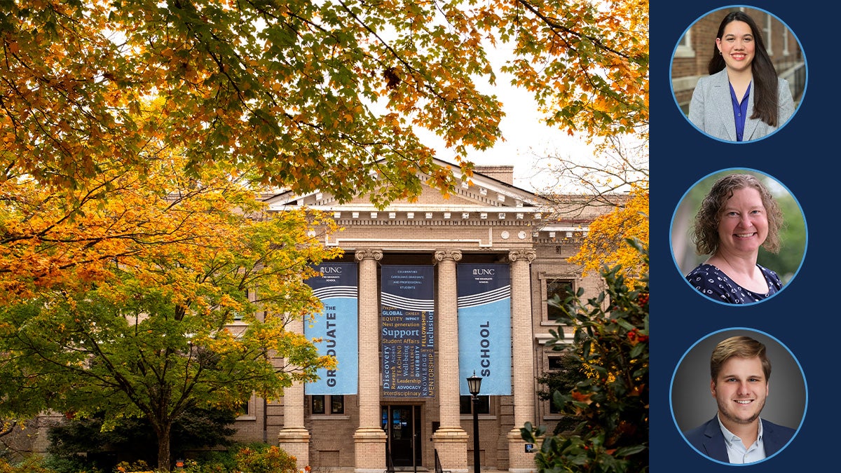 Photo of the exterior of UNC-Chapel Hill's Bynum Hall on a fall day with yellow, orange and green leaves seen hanging from trees in the foreground. Off to the fair right side is a graphic design with circular portraits of three UNC-Chapel Hill employees: Elyse Molewyk, Jen Drake and Greg Sabin.