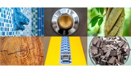 A collage of photos that includes a sculpture of a lion head as a fountain; a silver and brass button on the Old Well; branches of a tree wrapping around each other; the rings of a cut tree trunk; blue 3D printing robots in a line; and a cup of steel pieces from a letter press.