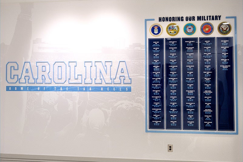 The "Honoring Our Military" wall inside the Kenan Football Center. It shows the name, branch and years of service for each honoree.