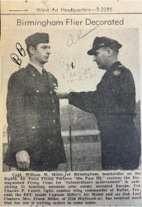 A newspaper clipping shows Maj. William Milton Miller receiving a pin on his military uniform.
