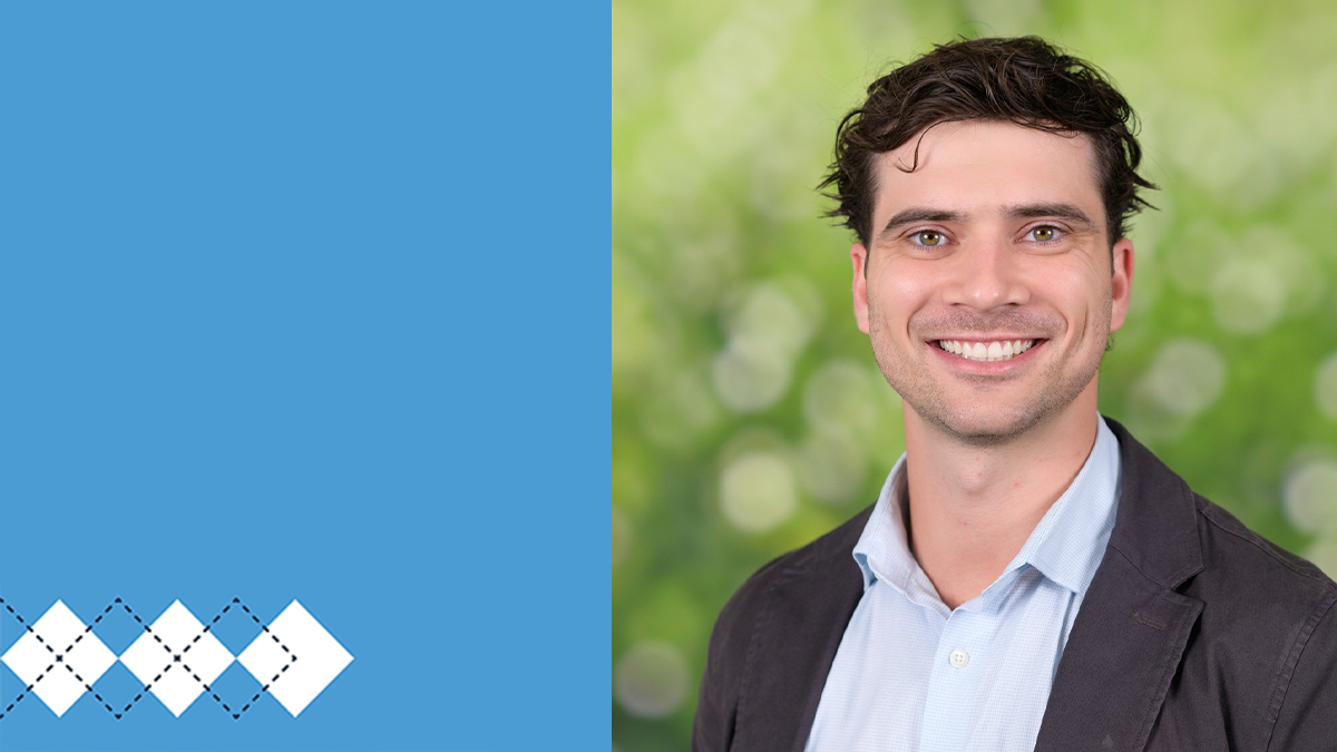 Carolina Blue garphic with an arglye pattern in the bottom left corner and a portrait of Stephen Albright set off to the right.