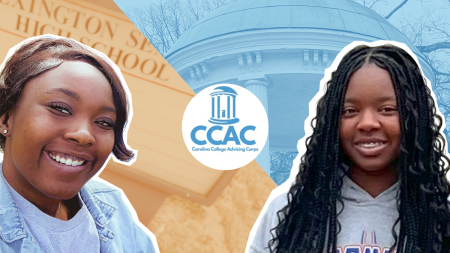 Graphic with cutout photos of Jarrah Faye and Naima Nelson on top of orange and Carolina Blue backgrounds. Faye's photo is a selfie in front of a Lexington High School sign. and Faye's photo is by the Old Well.