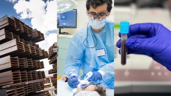 Graphic collage representing UNC innovations: chemistry beakers, car safety, and a gloving holding a vial of blood.