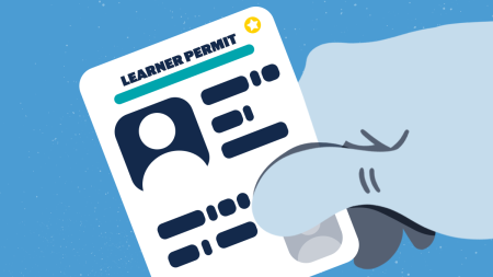 Artistic graphic of a hand holding a learner permit.