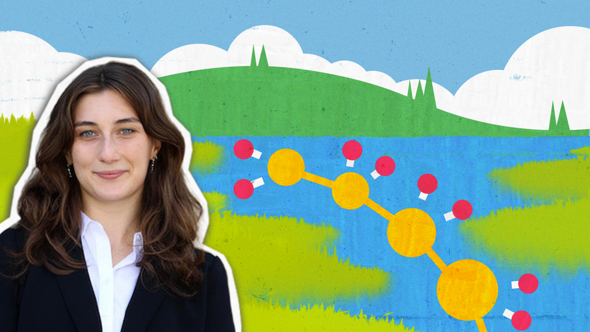 Cutout portrait of Margot Francini above a graphic depecting a riverway with PFAS chemical molecules placed atop the water.