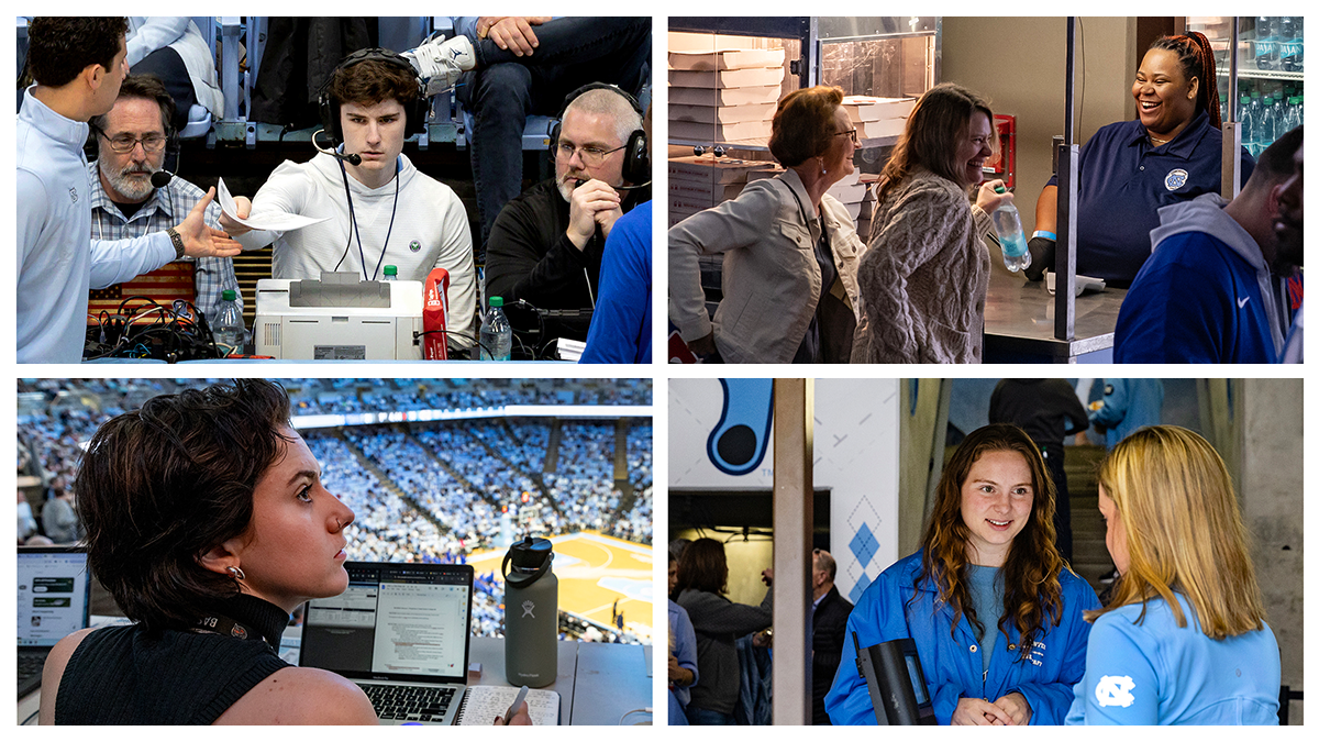 Four-photo collage of UNC-Chapel Hill students working jobs at a men's basketball game: Ben Mihailovich handing a piece of paper to a basketball staff member while sitting at the scorer's table; Kasual Marley chatting with customers at a pizza concession stand; Reporter Shelby Swanson taking notes while sitting at her laptop in press seating; and Olivia Stone scanning tickets.