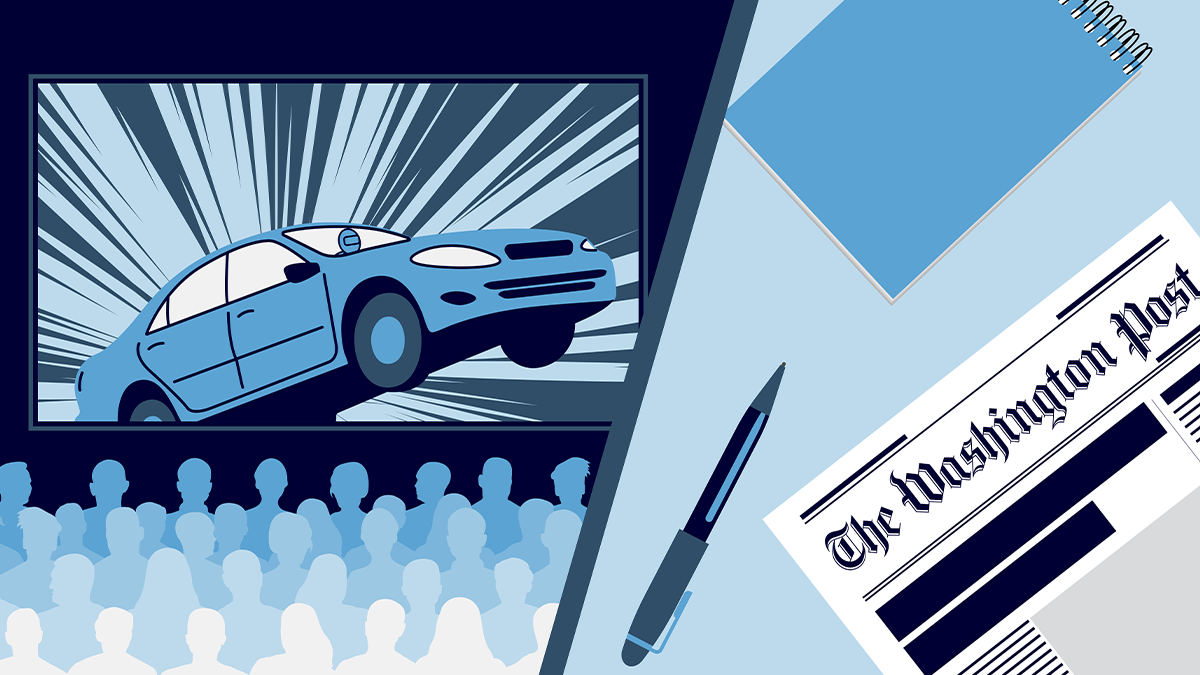 Graphic of car jumping on movie screen next to Washington post newspaper.