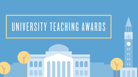 Graphic of UNC campus against Carolina Blue backdrop with text reading 