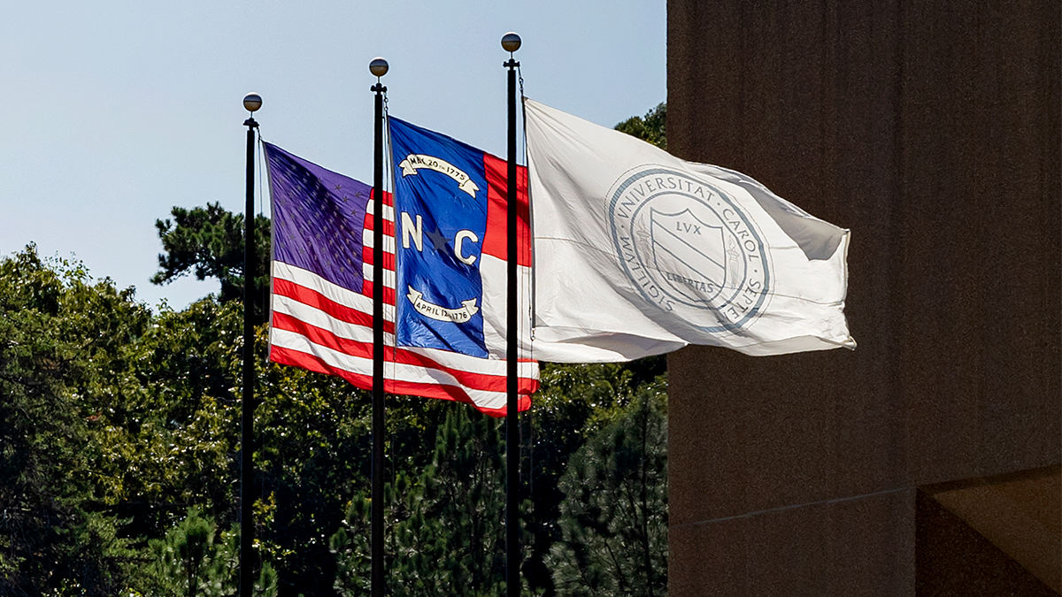 American flag, state flag and university flag.