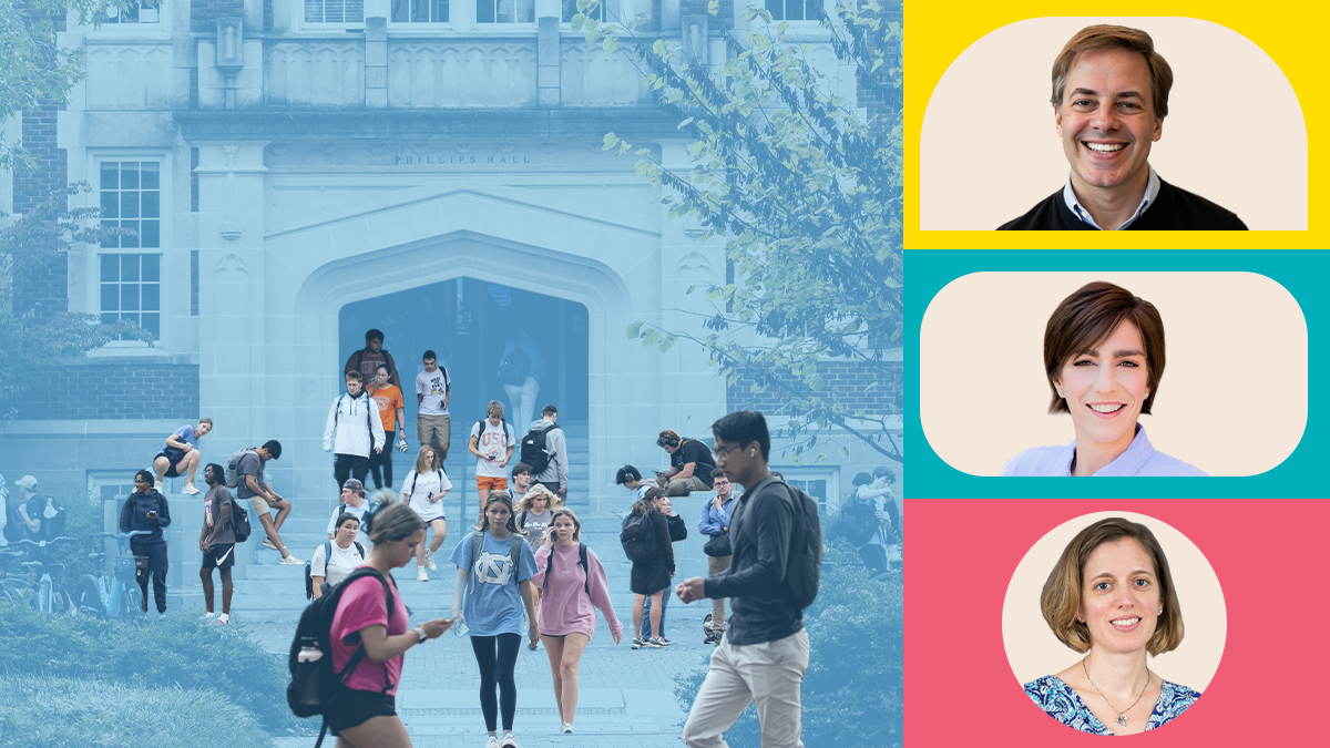Graphic treatment with a Carolina Blue tint placed over a wide-angle photo of UNC-Chapel Hill students walking in front of Phillips Hall during a class change. On the far right portion of the graphic is a row of headshots of Carolina faculty: Jane Cooley Freuhwirth, Mitch Prinstein and Danielle Roubinov.