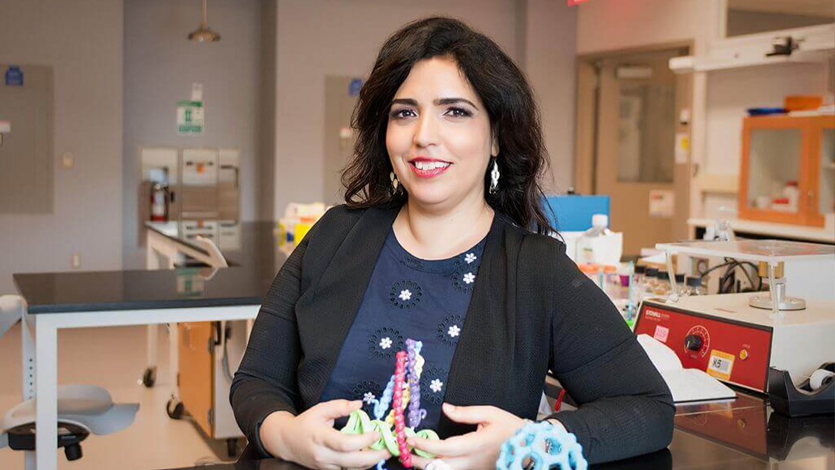A photo of Ronit Freeman at her lab on U.N.C. campus holding plastic models of microscopic bio material.