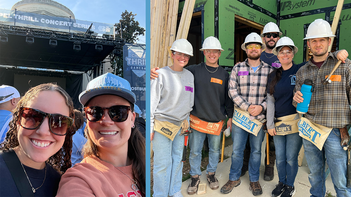 Two friends at UNC-Chapel Hill’s Chapel Thrill Concert Series before a football game featuring Ludacris; six volunteers in hard hats pose at a construction site.