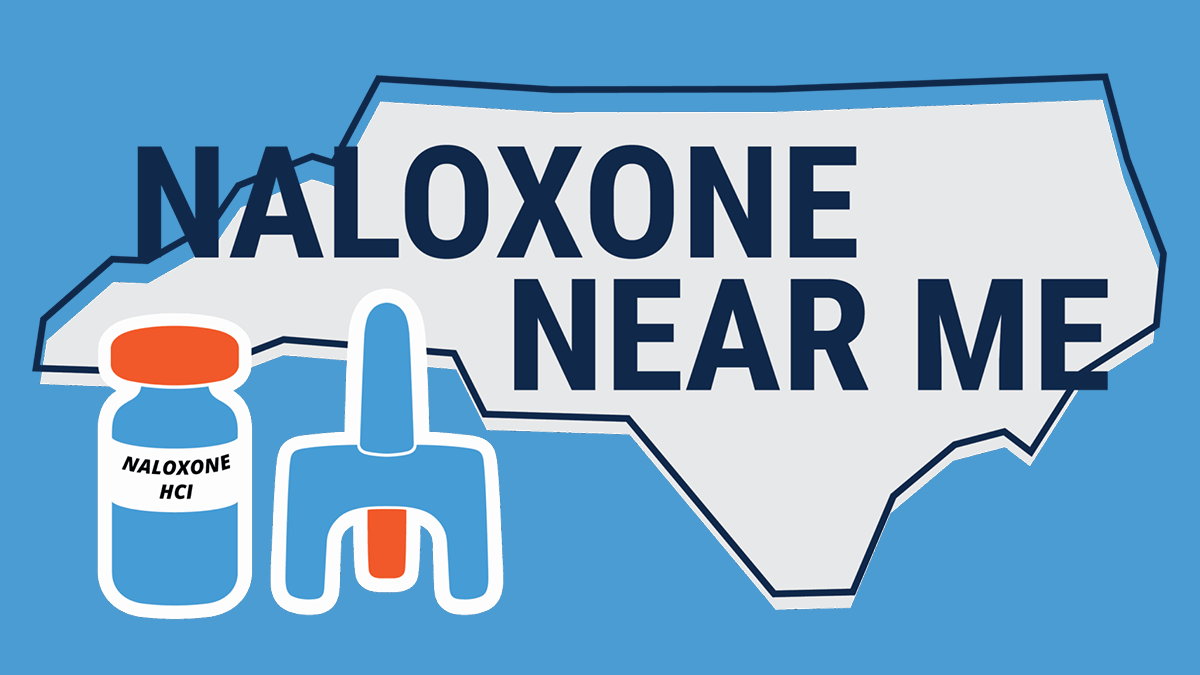 Graphic of the state of North Carolina with the words ‘Naloxone Near Me’ in large bold letters. Illustrated naloxone items—a vial labeled ‘Naloxone HCl’ and a nasal spray applicator—appear on the left side. Background is blue.