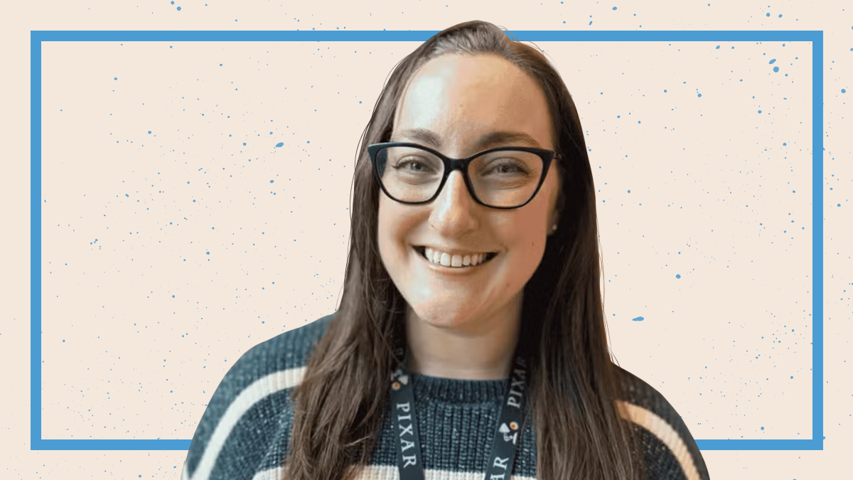 Close-up portrait of Caroline Collins placed atop a beige and Carolina Blue background.