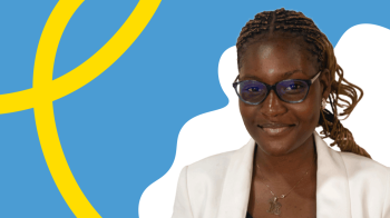 A headshot of Rotdalmwa Joan Dimka with a graphic background.