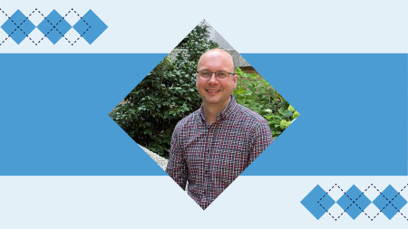 Stephen Grant in a graphic frame featuring Carolina colors and argyle.