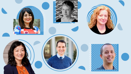 A collage of six educators with various shapes and lines applied to submitted headshots.