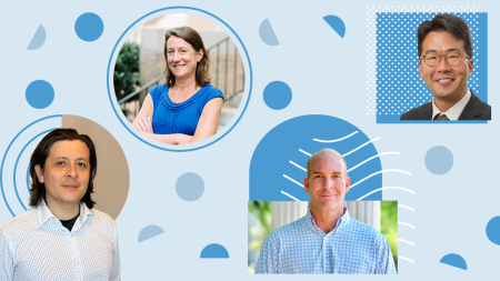 A collage of four educators with various shapes and lines applied to submitted headshots.