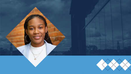 Graphic with a photo of Tiana Dinham next to a navy blue-tinted photo of Carolina's campus and white argyle.