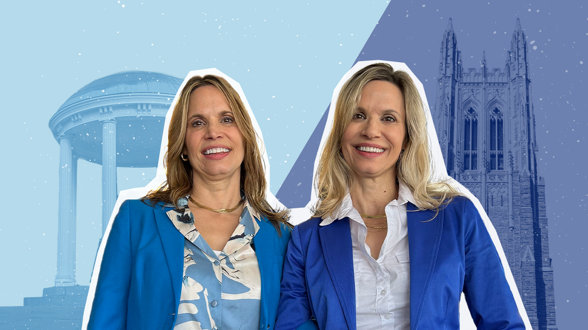 A photo of two twins that attended both U.N.C. and duke, in front of the Old Well at U.N.C. and the Chapel on duke.